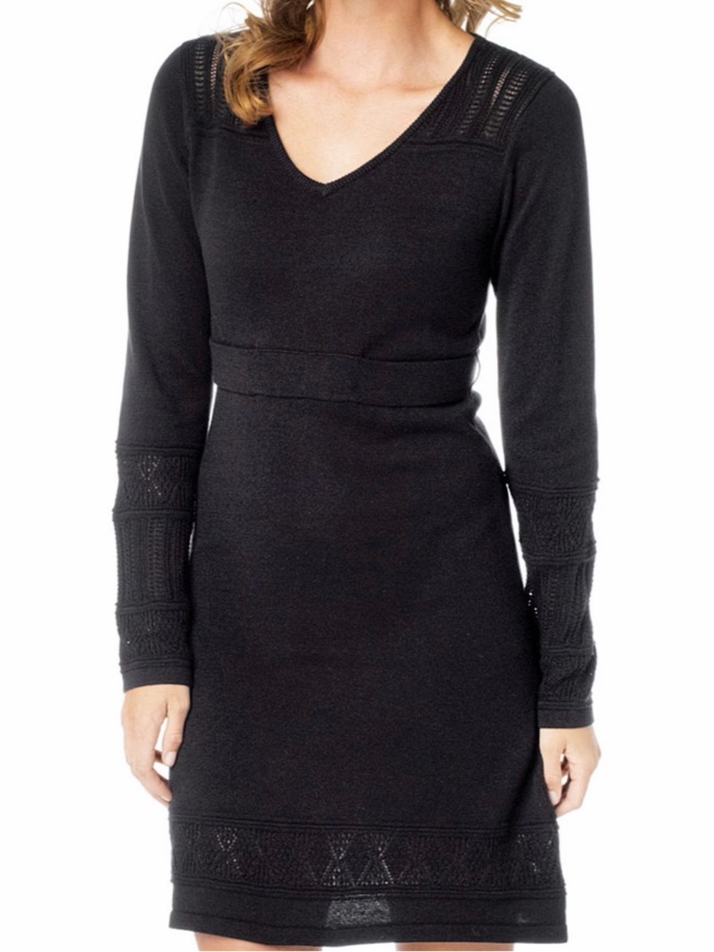 Prana Ella Sweater Black V-Neck Knit Long Sleeve Dress with Textured Trim